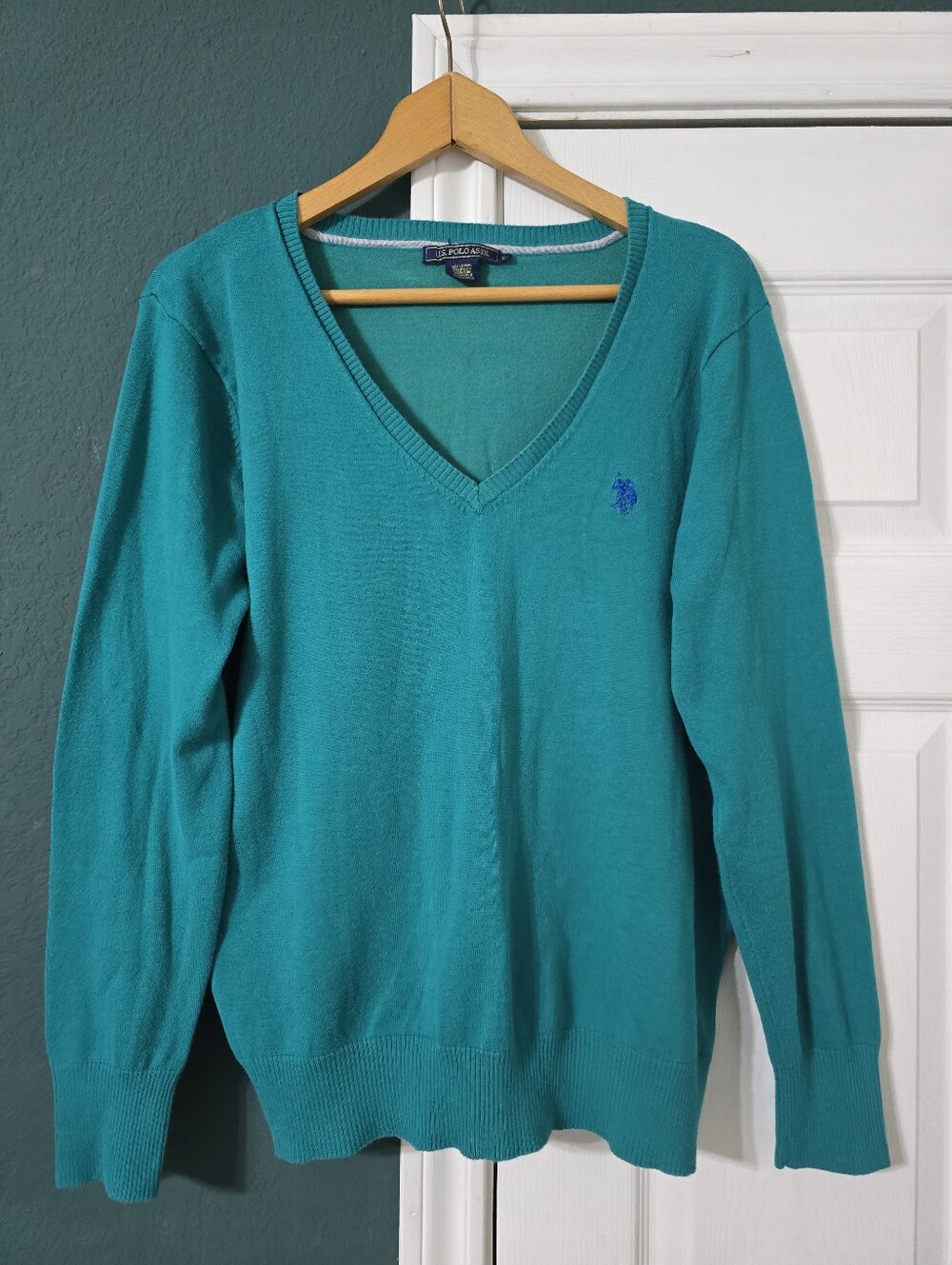 US Polo Assn Teal V Neck Sweater Womens XL Pullover Long Sleeve Preppy Y2K